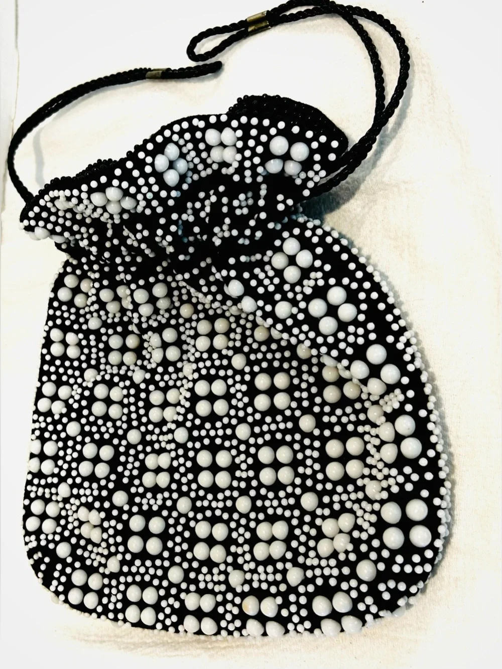 Vintage Beaded Candy Dot Reversible Drawstring Pouch Bag Purse Hippie Whimsical